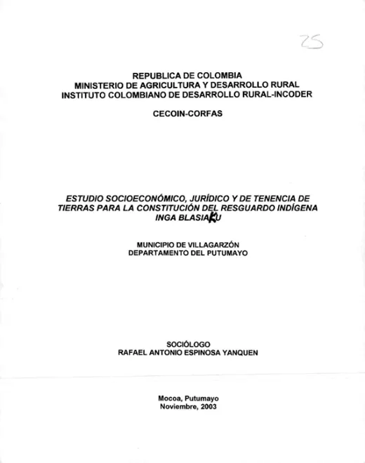 Portada: Estudio socioeconómico, jurídico y de tenencia de tierras (2003)