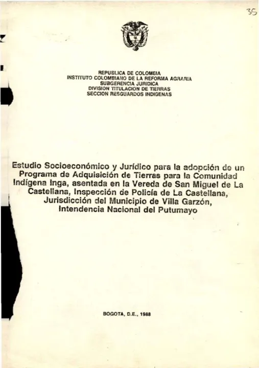 Portada: Estudio socioeconómico, jurídico y de tenencia de tierras (1988)