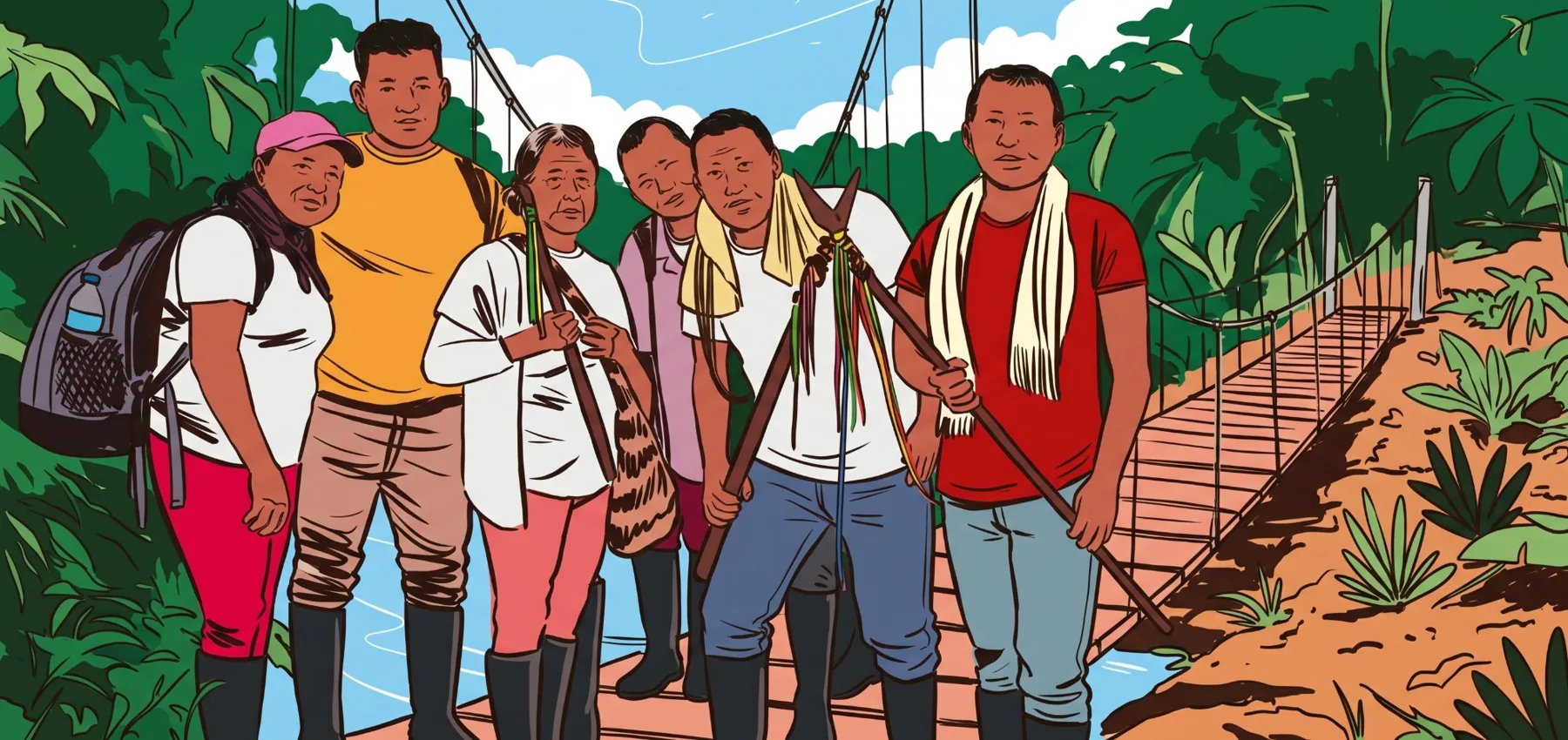 Ilustración de comuneros Inga sobre un puente colgante en el monte