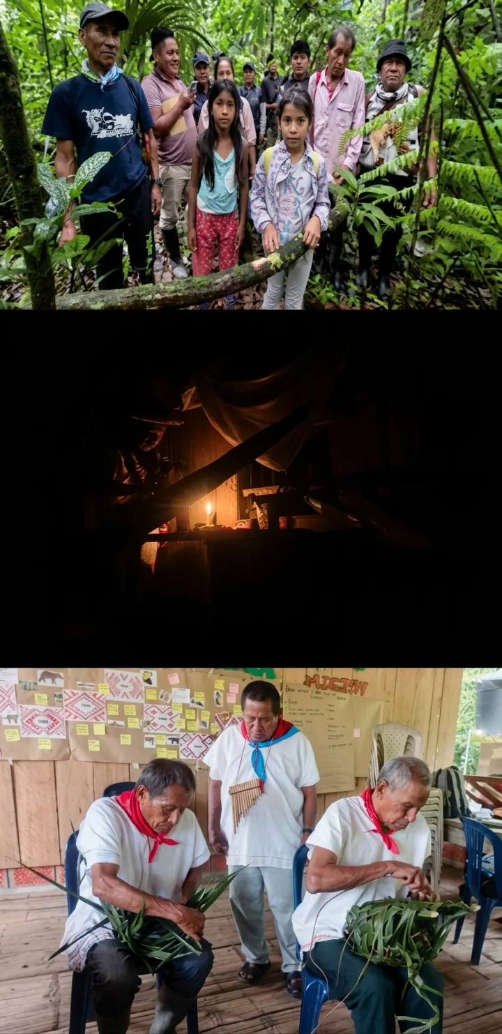Franja vertical de tres fotos: grupo en recorrido por la selva, tulpa encendida de noche y personas reunidas trabajando en un salón (Metodología).