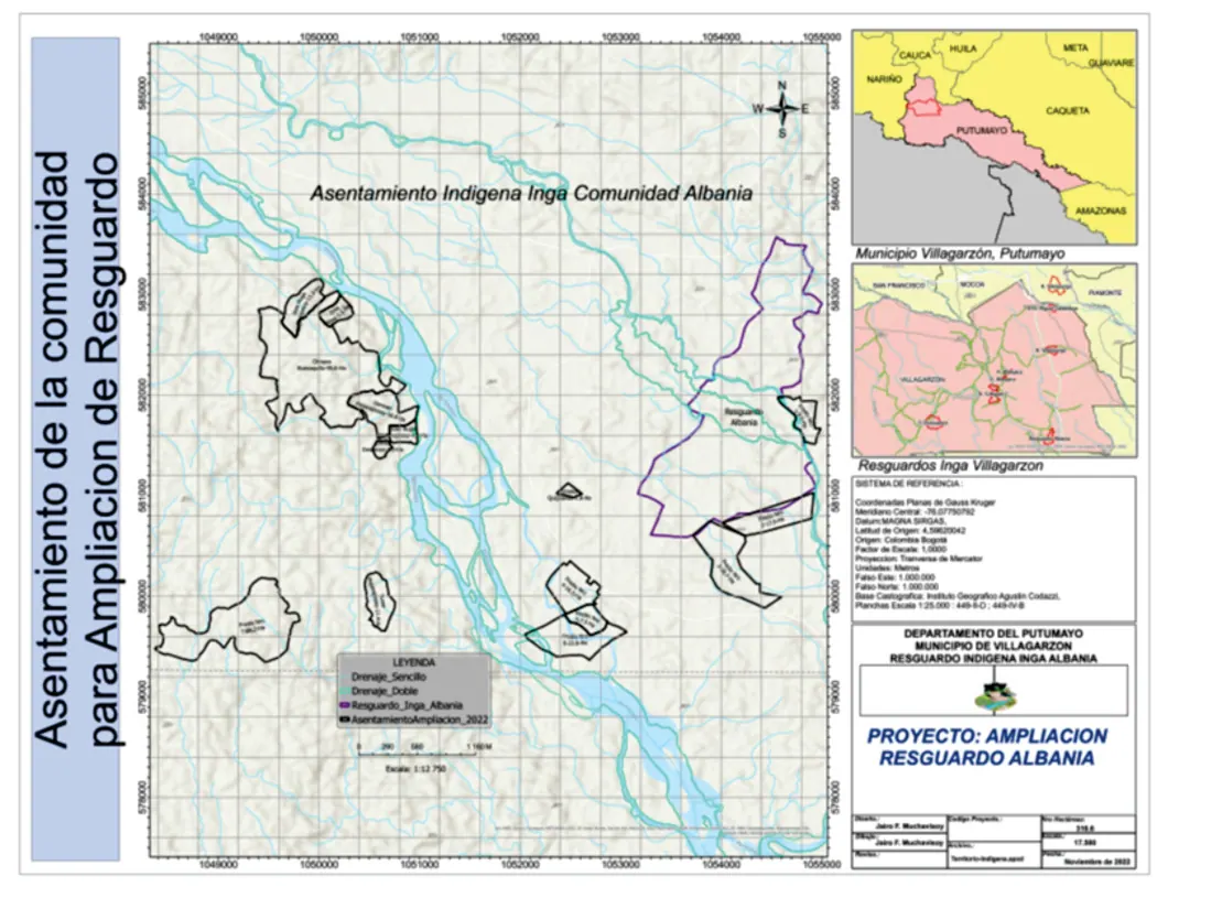 Mapa «Asentamiento de la comunidad para Ampliación de Resguardo» del Asentamiento Indígena Inga Comunidad Albania, con localización en Putumayo y Villagarzón y rótulo «Proyecto: Ampliación Resguardo Albania».