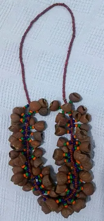 Collar de semillas (cascabel) sobre fondo blanco (instrumentos).