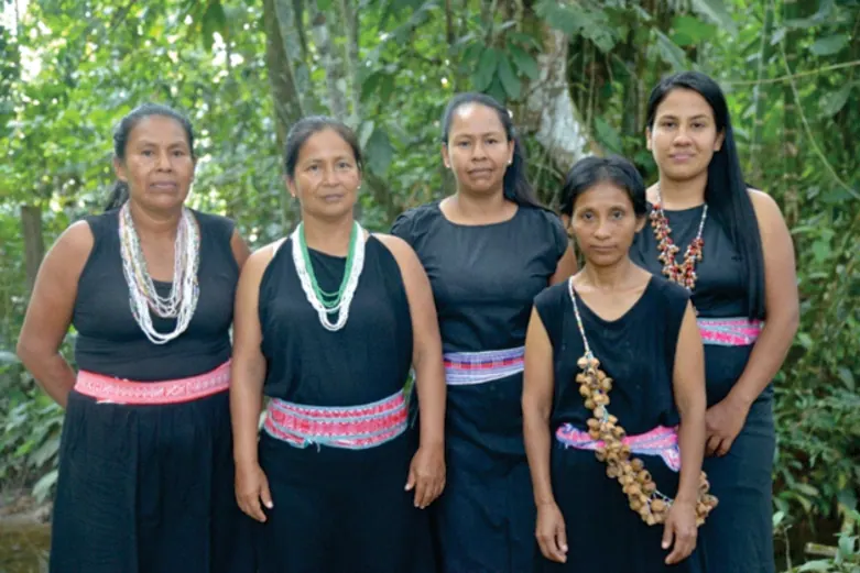 Cinco mujeres con blusa negra, chumbe rosado y collares en la selva (capítulo 5, Gobierno y justicia propia).