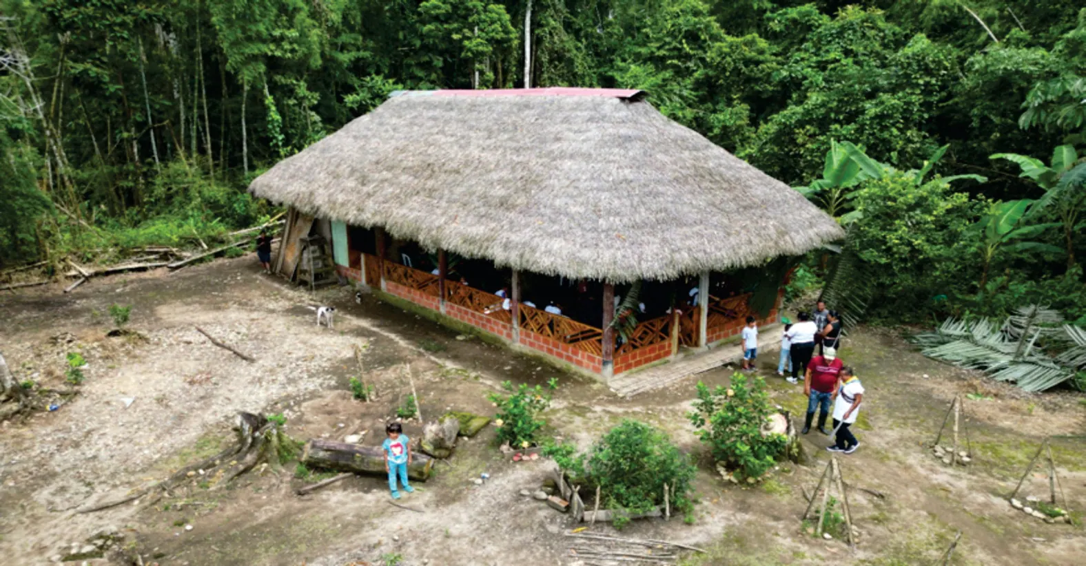 Vista aérea del tambo con techo de palma rodeado de selva, con personas alrededor (capítulo 10, Vivienda y saneamiento).