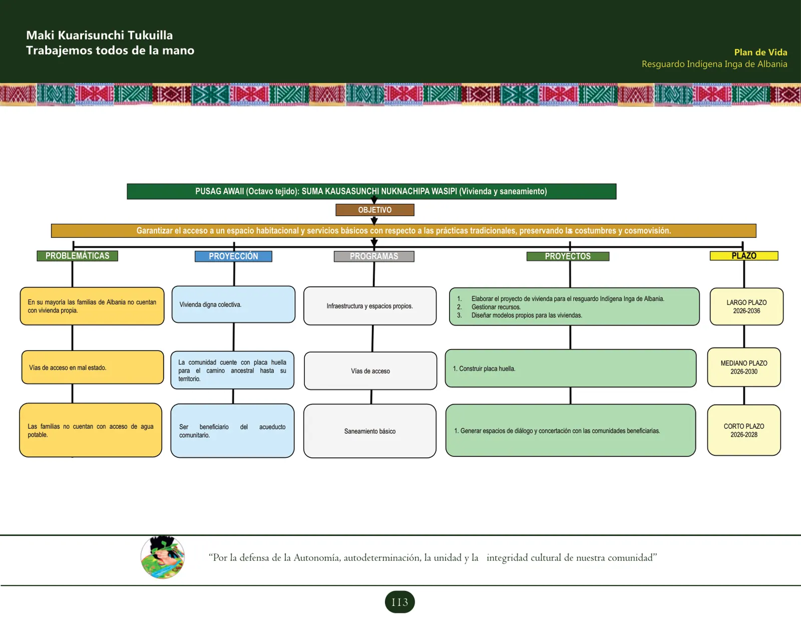 Esquema vectorial del plan de acción del tejido Pusag Awaii (Vivienda y saneamiento): objetivo, problemáticas, líneas de acción, proyectos y proyección (corto, mediano y largo plazo).