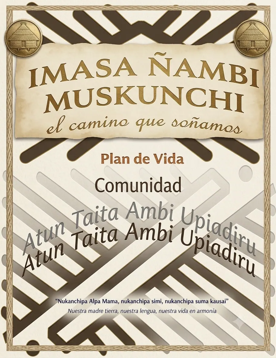 Portadilla: «Imasa Ñambi Muskunchi, el camino que soñamos. Plan de Vida, Comunidad Atun Taita Ambi Upiadiru», con el lema en idioma Inga «Nukanchipa Alpa Mama, nukanchipa simi, nukanchipa suma kausai» y su traducción.
