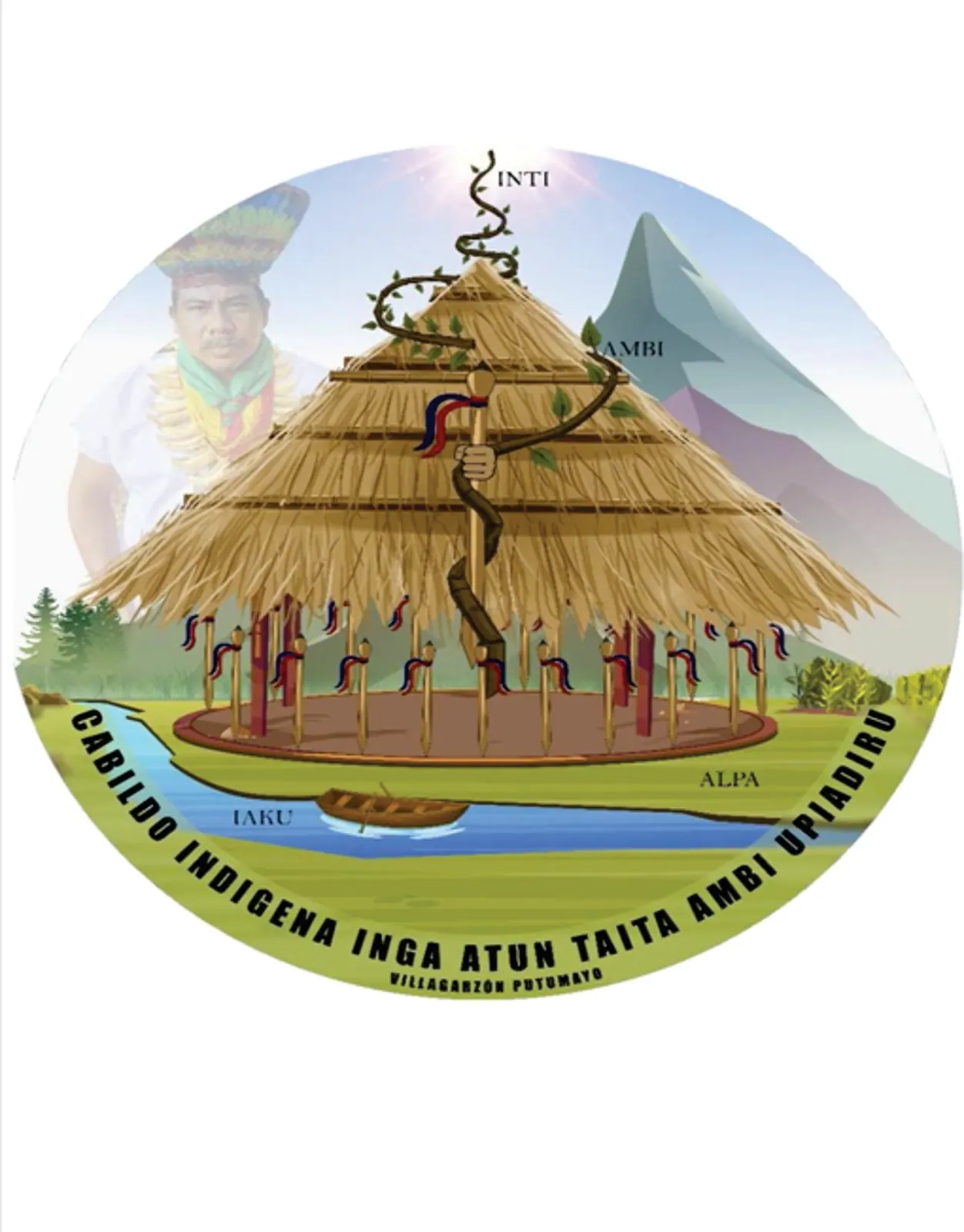 Escudo circular del Cabildo Indígena Inga Atun Taita Ambi Upiadiru (Villagarzón, Putumayo): tambo de techo de paja con una serpiente, montaña, río y rótulos INTI, ALPA, IAKU.