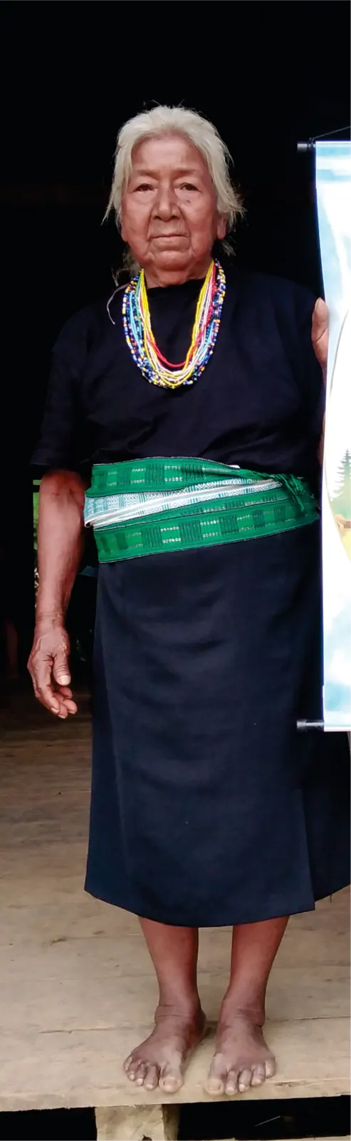 Mayora de pie con traje propio: falda negra, faja verde y collares, sobre piso de madera.