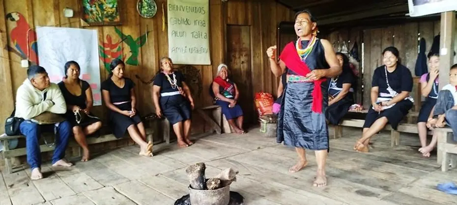Reunión en una casa de madera: una mujer con traje propio habla de pie frente a las personas sentadas, junto al fogón.