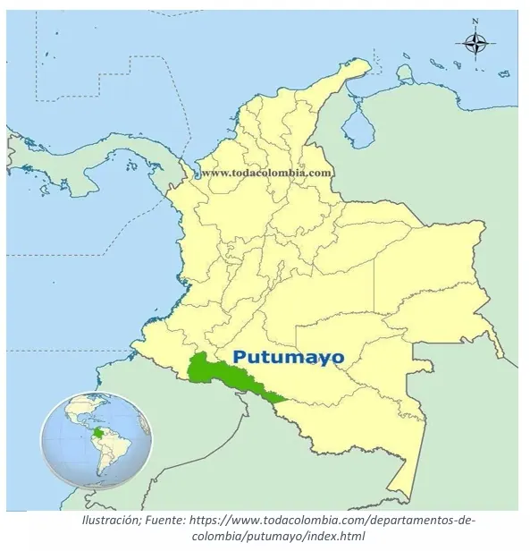 Mapa de Colombia con el departamento del Putumayo resaltado en verde (ilustración con fuente todacolombia.com).