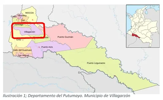 Mapa de los municipios del Putumayo con Villagarzón señalado en rojo e inserto de Colombia («Ilustración 1; Departamento del Putumayo. Municipio de Villagarzón»).