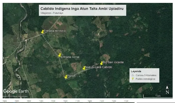 Imagen satelital (Google Earth) «Cabildo Indígena Inga Atun Taita Ambi Upiadiru» con puntos de referencia: entrada al territorio, Río San Vicente y otros sitios.