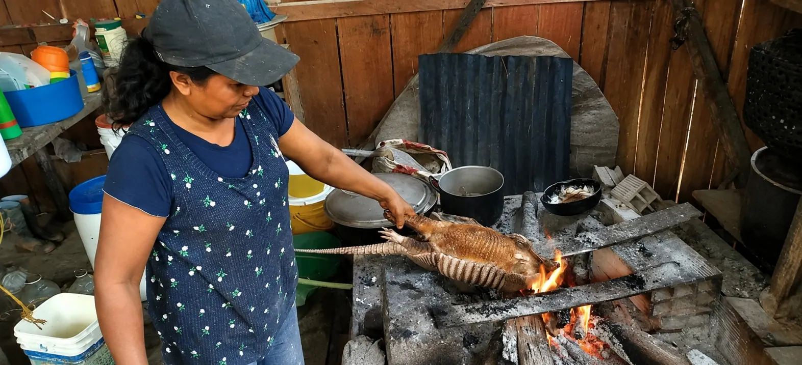 Mujer que asa o ahúma alimentos en el fogón de una cocina de madera.