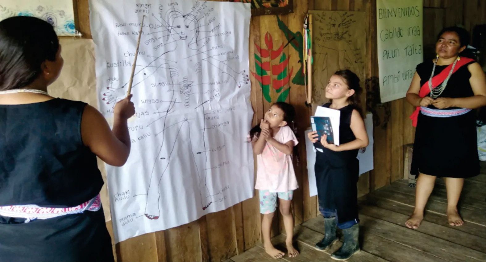 Niños y mujeres ante un papelógrafo en una actividad educativa dentro de una casa de madera.