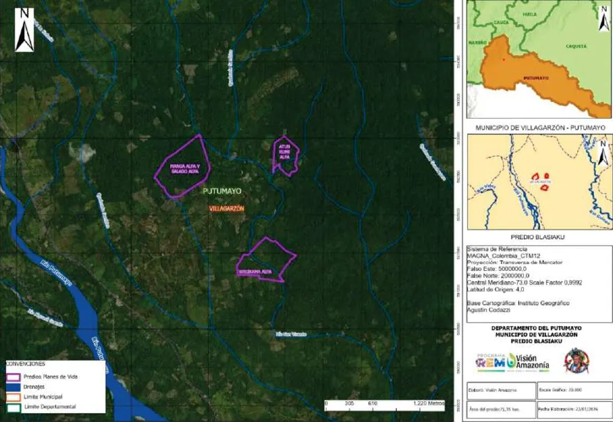 Mapa del predio Blasiaku (Municipio de Villagarzón, Putumayo) sobre imagen satelital, con polígonos de los predios, localización departamental y municipal y convenciones (Visión Amazonía).