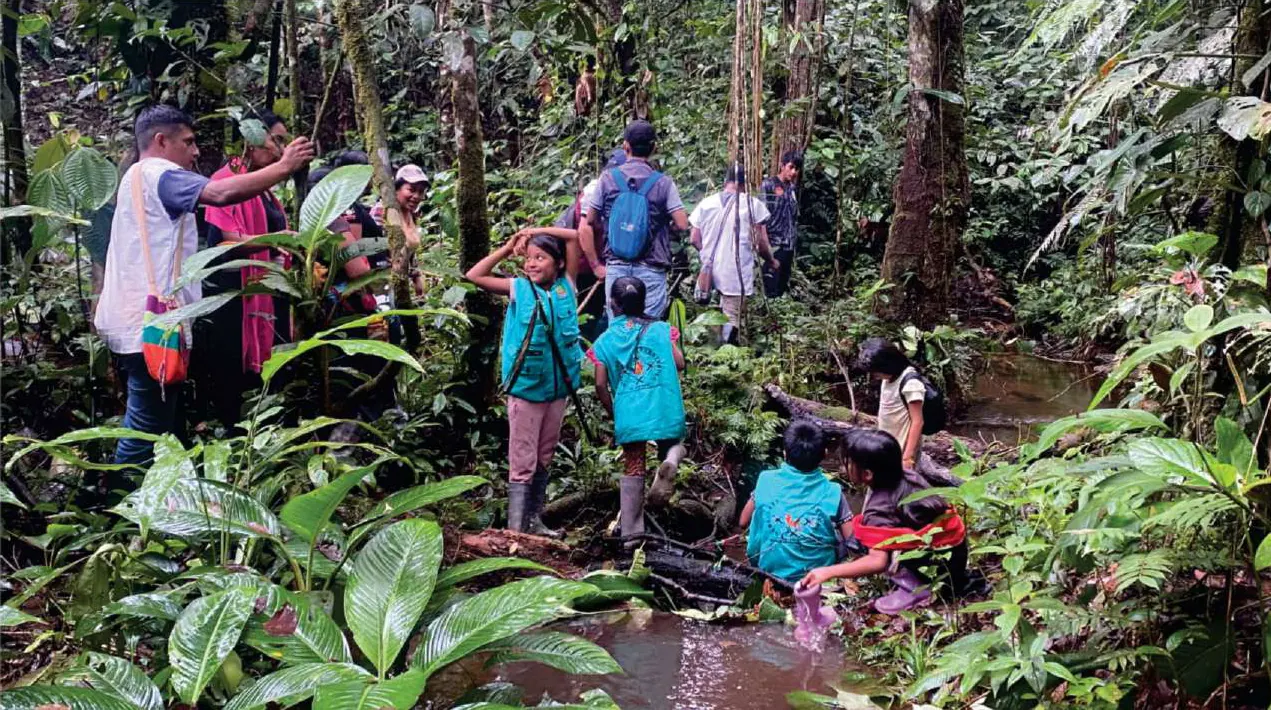 Niños con chaleco de la guardia y adultos en una quebrada del bosque.