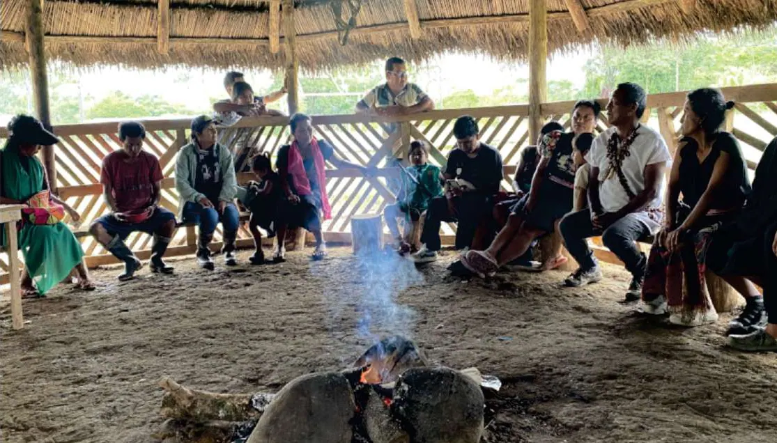 Tulpa: personas sentadas alrededor del fuego en un tambo de madera.