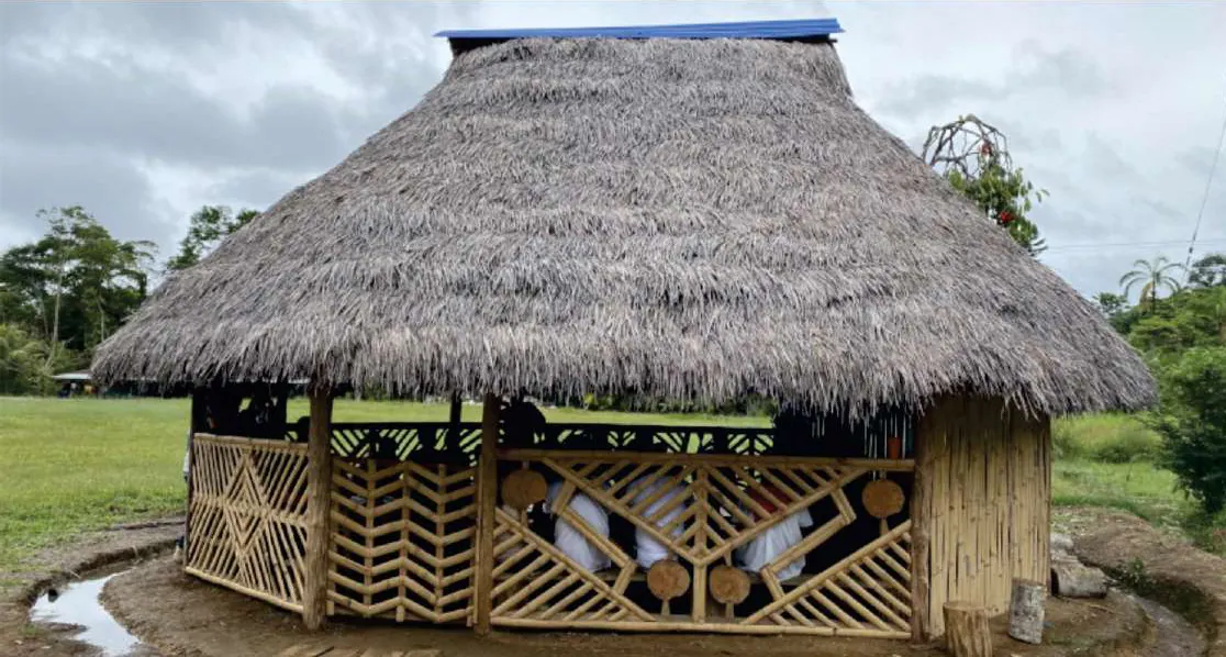 El tambo: construcción tradicional de techo de paja con cerramiento de madera tejida.