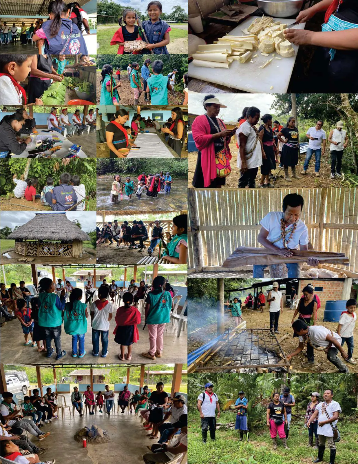 Collage de registro fotográfico: mingas, chagra, cocina, tulpa, recorridos y reuniones de la comunidad.