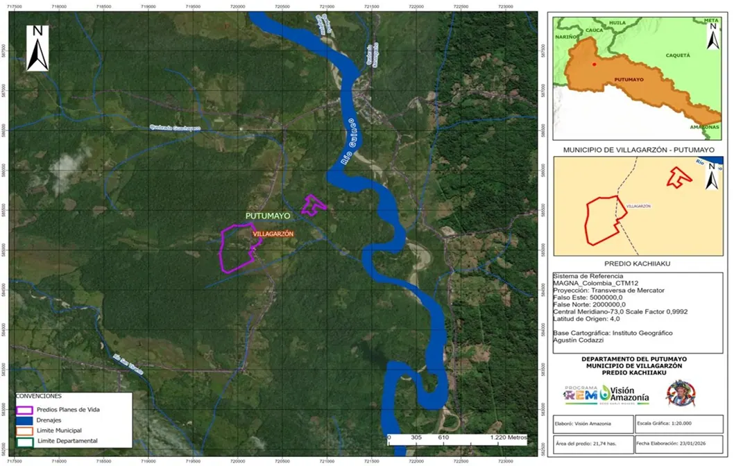 Mapa sobre imagen satelital del territorio de la comunidad Cachiacu Andaki, con localización departamental y municipal (Villagarzón) y el río.