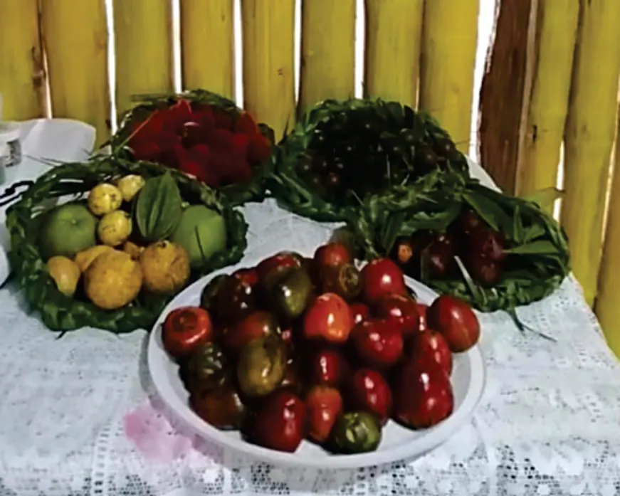 Mesa con frutas del territorio y un plato con frutos rojos.