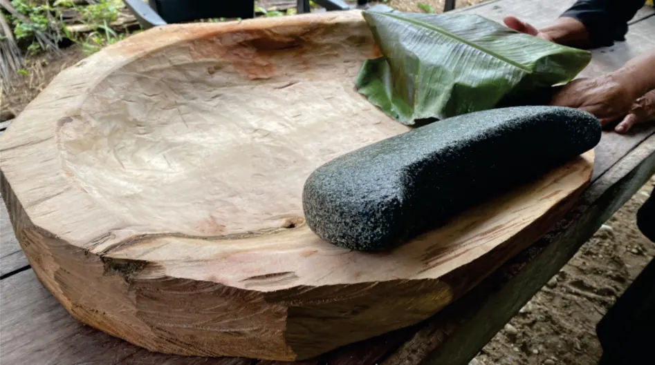 Batea de madera con piedra de moler (registro fotográfico).