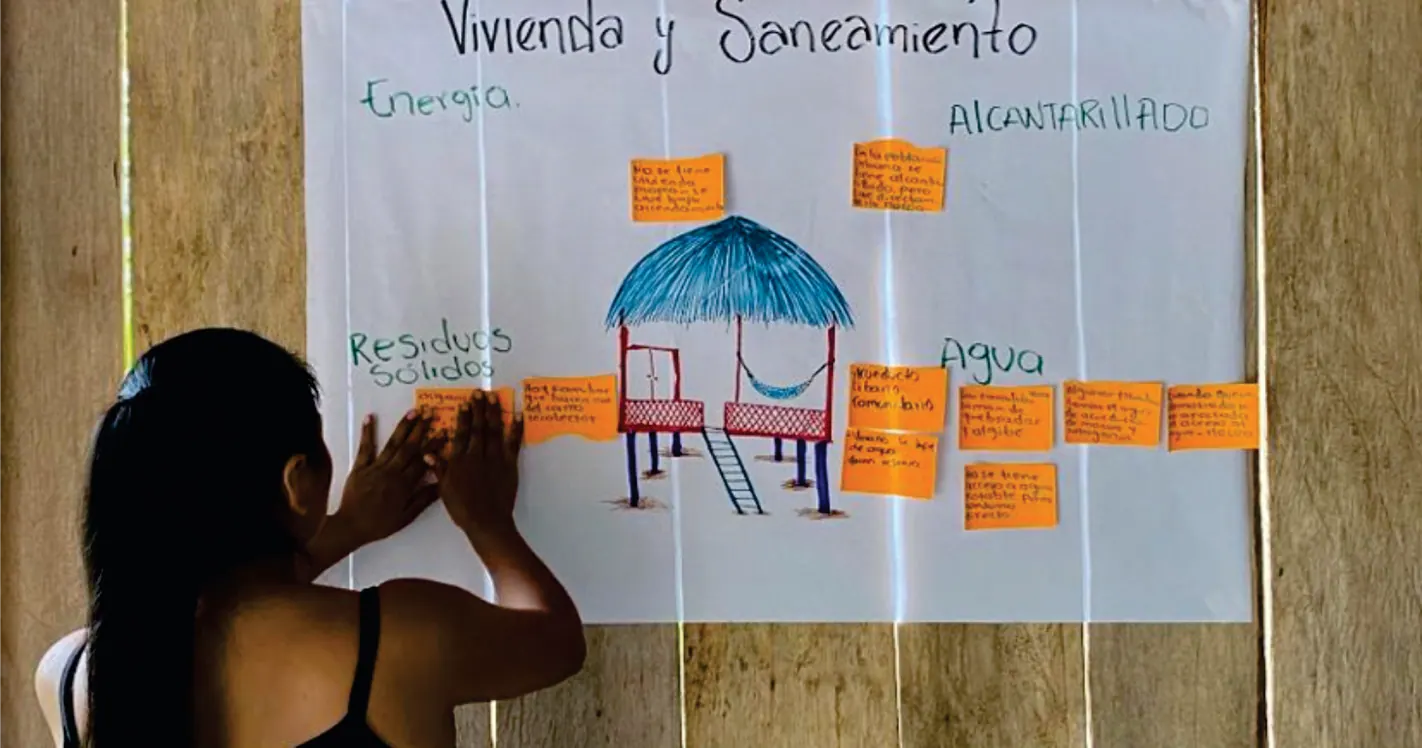 Mujer de espaldas pegando notas en una cartelera titulada «Vivienda y Saneamiento», con el dibujo de una casa.