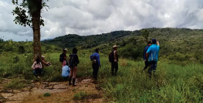 Grupo de personas de pie en un potrero junto a un árbol, durante un recorrido.