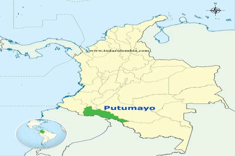 Mapa de Colombia con el departamento del Putumayo resaltado en verde.