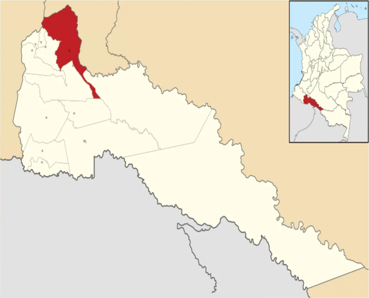 Mapa del departamento del Putumayo con un municipio resaltado en rojo y recuadro de localización en Colombia.