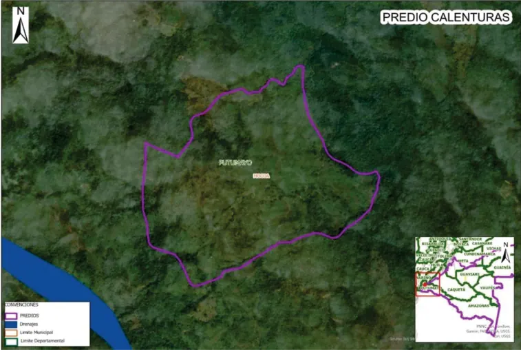Mapa sobre imagen satelital con el polígono del «Predio Calenturas», convenciones y recuadro de localización.