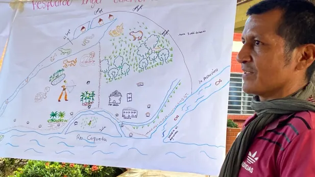Cartografía social dibujada a mano sobre papel (río, viviendas, cultivos) y un hombre a la derecha.
