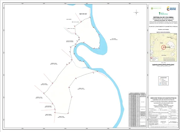 Plano topográfico de un predio con linderos, junto al río, con cuadro de coordenadas.