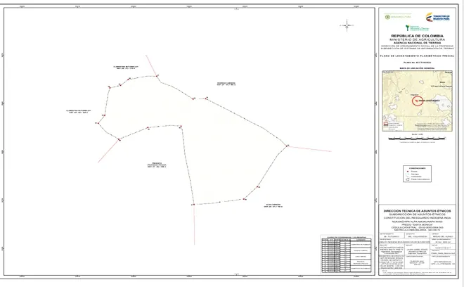 Plano de linderos de un predio con cuadro de coordenadas y recuadro de localización.