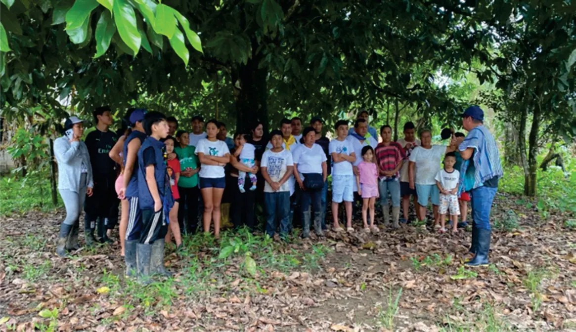 Grupo grande de personas, incluidos niños, bajo los árboles.