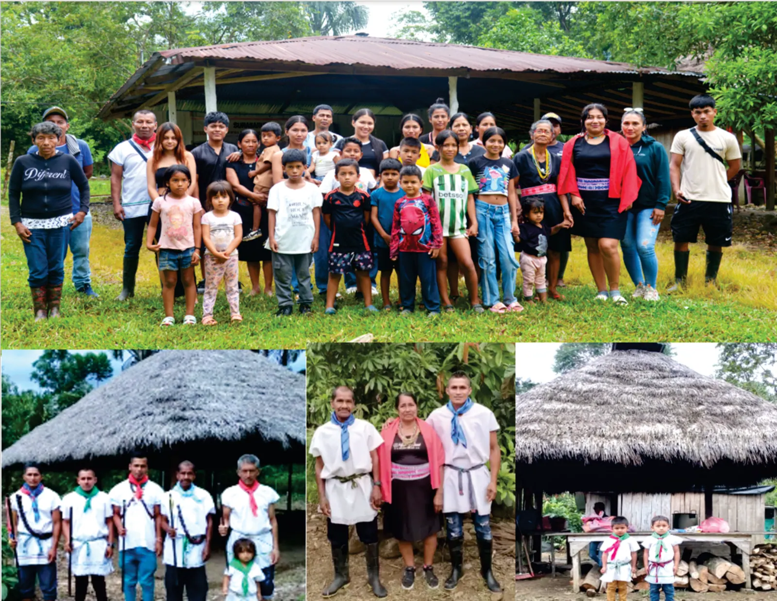 Collage: grupo de la comunidad frente a un tambo; abajo autoridades con traje blanco y tambos de palma.