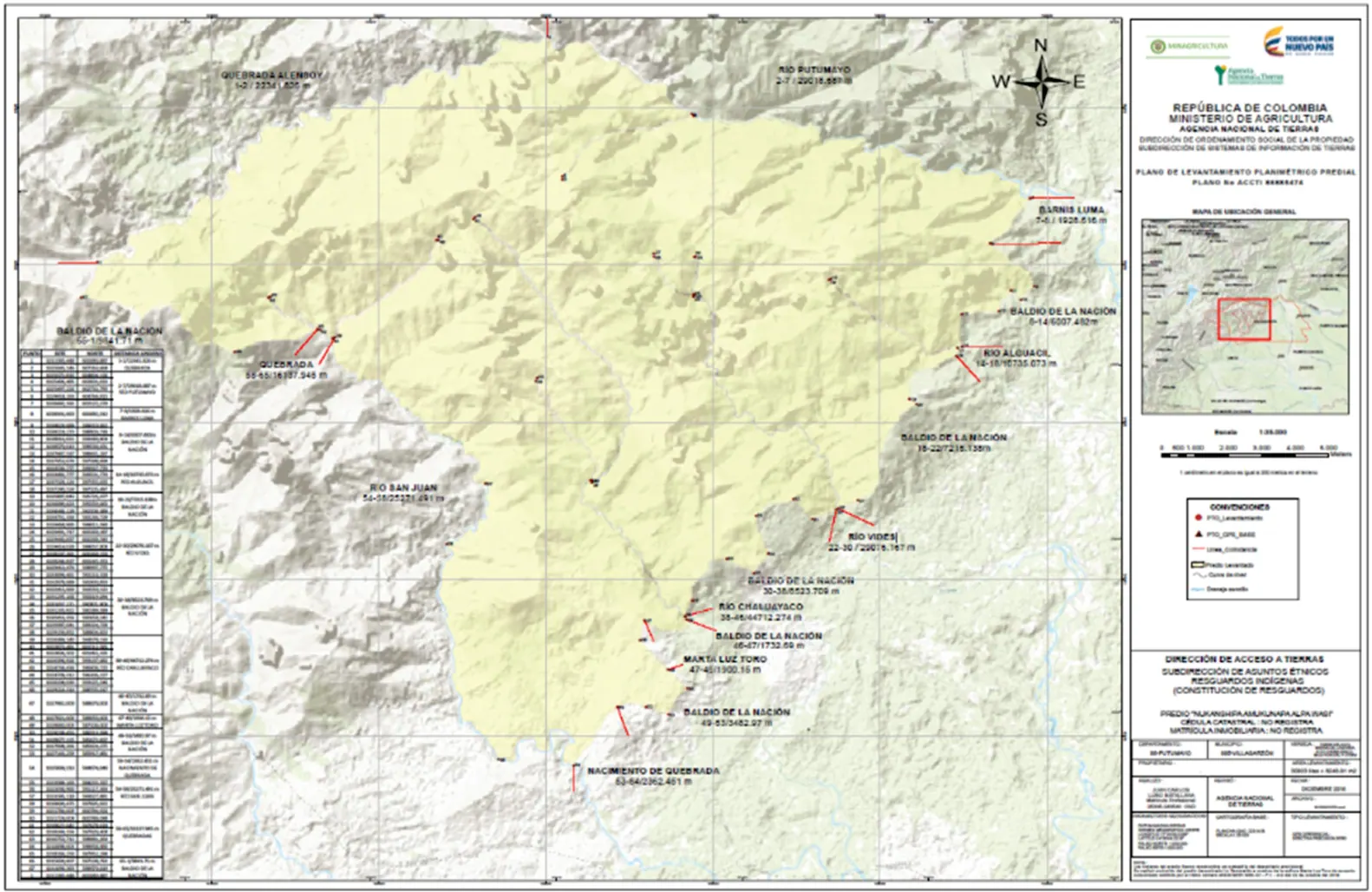 Plano del resguardo sobre relieve, con linderos, cuadro de coordenadas y recuadro de localización.