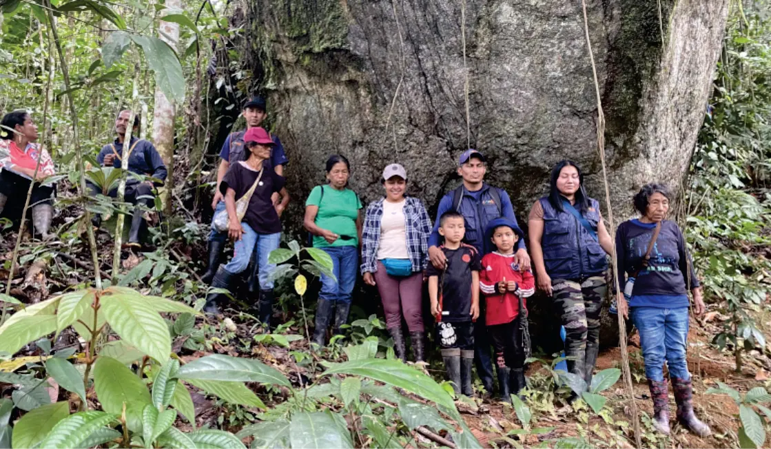 Grupo de personas al pie de una roca grande en el bosque.