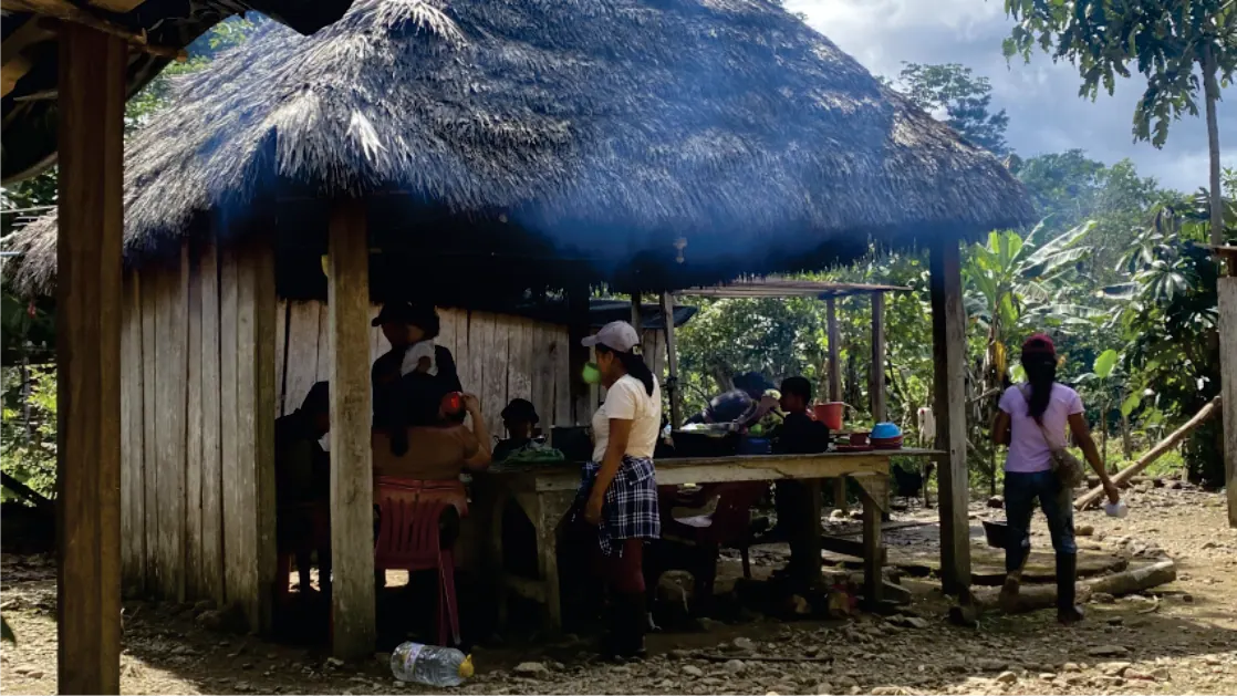 Tambo de palma con personas reunidas.